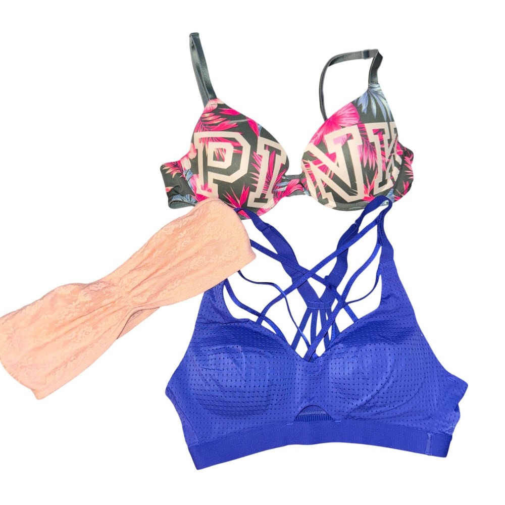 Victoria's Secret PINK Bra Lot 3pc Floral Push Up Blue Strappy Bandeau 34A